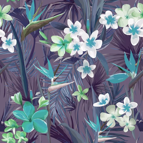 Tropical Palm Leaves and Flowers, Jungle Leaves Seamless Vector Floral Background Pattern for Wallpaper, Textil de moda, Impresión de tela, Plantilla de diseño — Archivo Imágenes Vectoriales