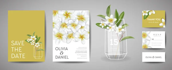 Cartão de convite de casamento botânico Modelo Design, Plumeria tropical Flores e folhas no estilo moderno, Coleção de salvar a data, RSVP, saudação no vetor — Vetor de Stock
