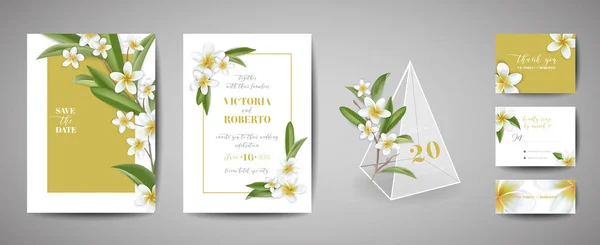Modelo de cartão de convite de casamento tropical Design, Plumeria botânica Flores e folhas no estilo moderno, Coleção de salvar a data, RSVP, saudação no vetor —  Vetores de Stock