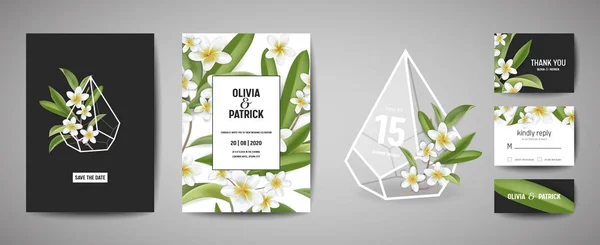 Tarjeta de invitación Botanical Wedding Template Design, Tropical Plumeria Flowers and Leaves in modern style, Colección de Guardar la fecha, RSVP, Saludo en vector — Vector de stock