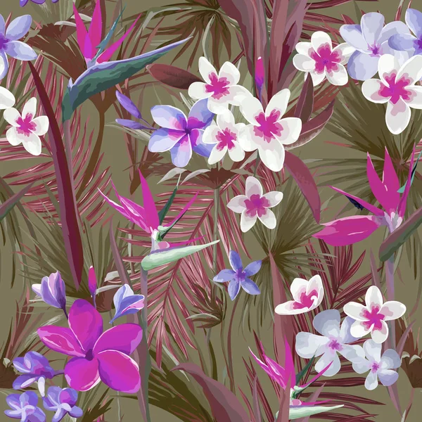Tropikal Palmiye Yaprakları ve Çiçekler, Jungle Yapraklar Dikişsiz Vektör Çiçek Arka Plan Desen Duvar Kağıdı için, Moda Tekstil, Kumaş Baskı, Tasarım Şablonu — Stok Vektör