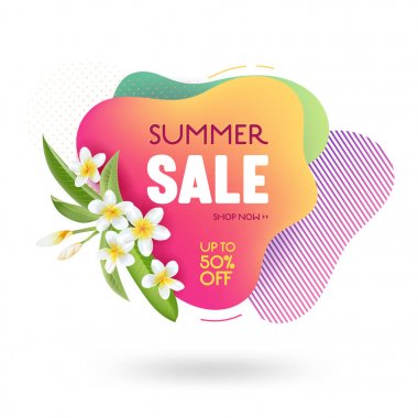 Yaz satışı afiş şablonu. Plumeria çiçekler, tropikal arka plan ve zemin, promosyon rozeti ile sıvı soyut geometrik kabarcık