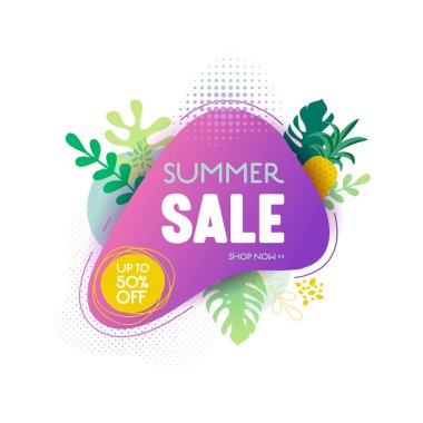 Yaz satışı afiş şablonu. Tropikal yaprakları ile sıvı soyut geometrik kabarcık, tropikal arka plan ve zemin, promo rozeti