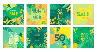 Modern düz tarzda Tropic yaprakları ve çiçekler, reklam banner ve tropikal arka plan ile yaz satışı poster seti