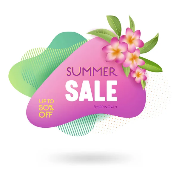 Banner-Vorlage für den Sommerschlussverkauf. flüssige abstrakte geometrische Blase mit Blumen, tropischen Hintergrund und Hintergrund, Promo-Abzeichen — Stockvektor