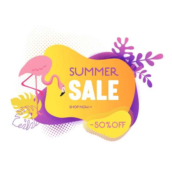Banner-Vorlage für den Sommerschlussverkauf. flüssige abstrakte geometrische Blase mit tropischen Blumen und Flamingo, tropischem Hintergrund und Hintergrund — Stockvektor