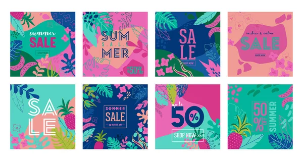 Conjunto de cartel de venta de verano con hojas y flores tropicales, pancarta publicitaria y fondo tropical en estilo plano moderno — Archivo Imágenes Vectoriales