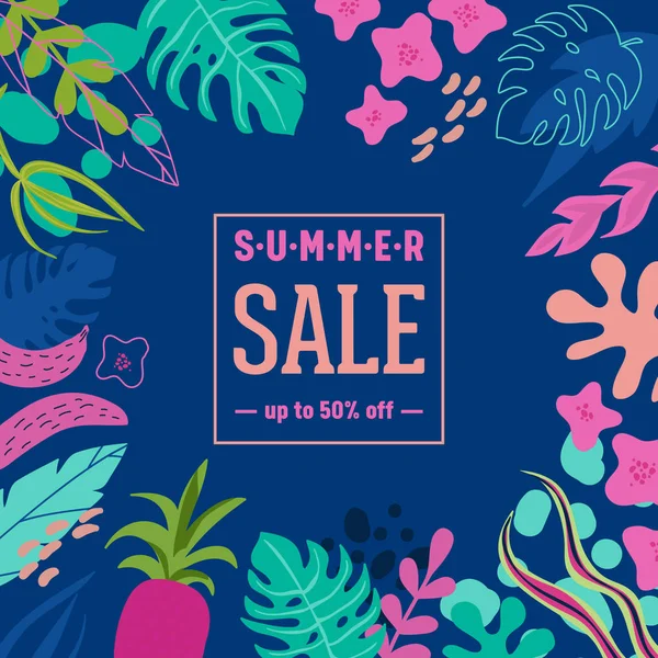 Sommerschlussverkauf Plakat mit tropischen Blättern und Blumen, Werbebanner und tropischem Hintergrund in modernem flachen Stil Sonderangebot — Stockvektor