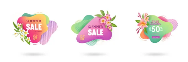 Uppsättning av sommar försäljning banner mall. Flytande abstrakt geometrisk bubbla med Plumeria blommor, tropisk bakgrund och bakgrund, promo Badge för säsongs erbjudande, marknadsföring, reklam. Vektor — Stock vektor