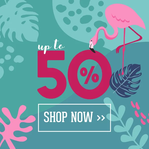 Zomer Sale poster met tropische bladeren, bloemen, flamingo's, advertentie banner en tropische achtergrond in moderne platte stijl, flashspring speciale aanbieding, poster vakantie advertentie, flyer. Vector — Stockvector