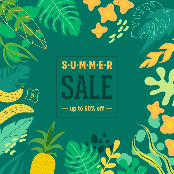 Cartel de venta de verano con hojas y flores tropicales, pancarta publicitaria y fondo tropical en estilo plano moderno, oferta especial de primavera flash, anuncio de vacaciones de póster, volante. Ilustración vectorial — Vector de stock