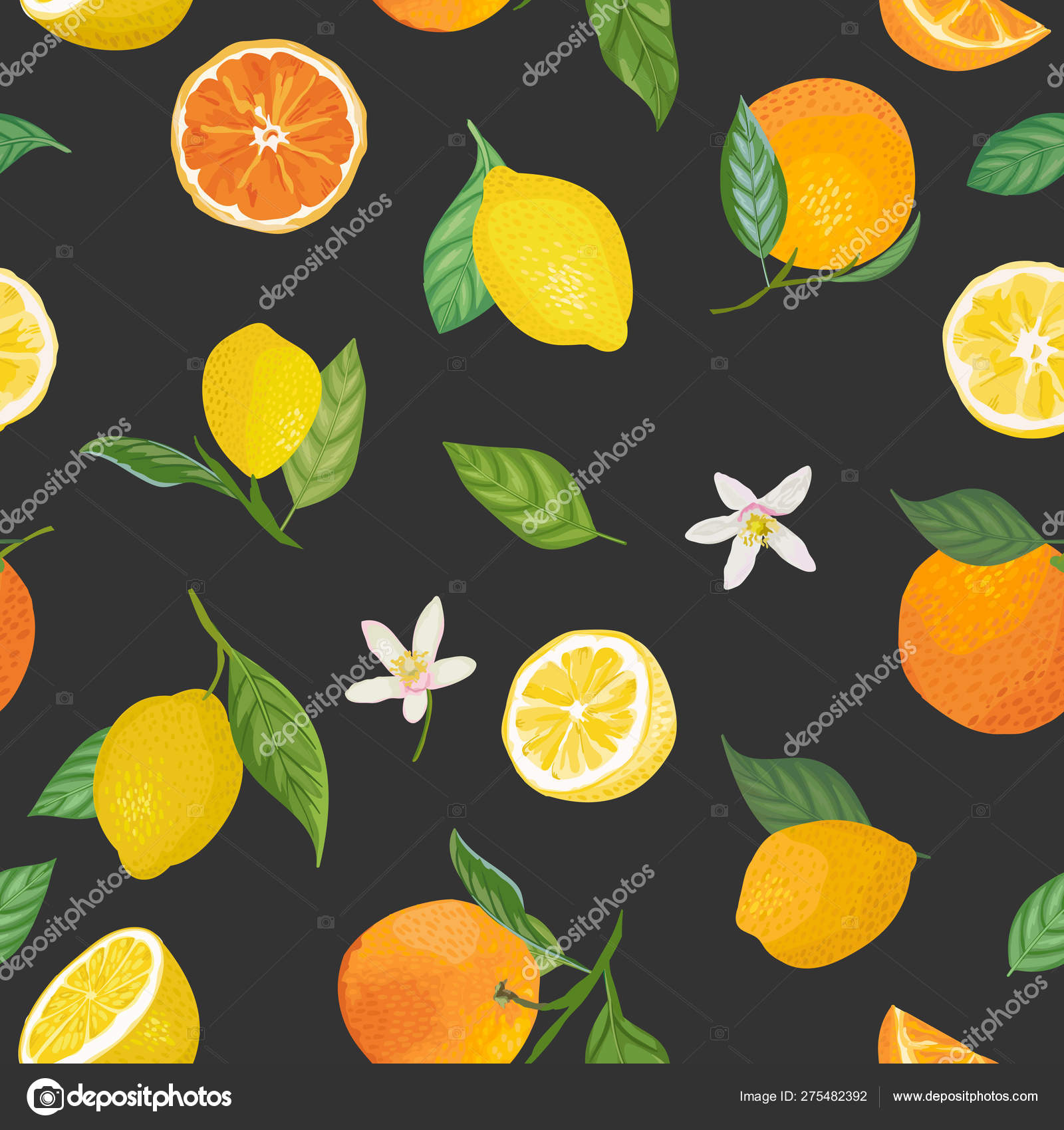 Seamless Lemon And Orange Pattern With Tropic Fruits Leaves