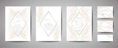 Pampas Grass Vintage Wedding Save the Date, Invitation Floral Cards Collection with Gold Foil Frame. Vector trendy cover, graphic poster, retro brochure, design template clipart