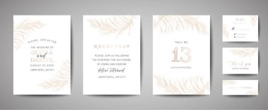 Pampas Grass Vintage Wedding Save the Date, Invitation Floral Cards Collection with Gold Foil Frame. Vector trendy cover, graphic poster, retro brochure, design template clipart