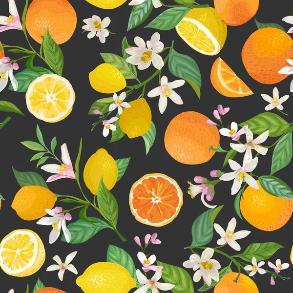 Ομαλή λεμόνι και πορτοκαλί μοτίβο με τροπικά φρούτα, φύλλα, λουλούδια φόντο. Χειροποίητη απεικόνιση διανύσματος σε στυλ υδατογραφίας για το καλοκαιρινό ρομαντικό εξώφυλλο, τροπική ταπετσαρία, vintage υφή — Διανυσματικό Αρχείο