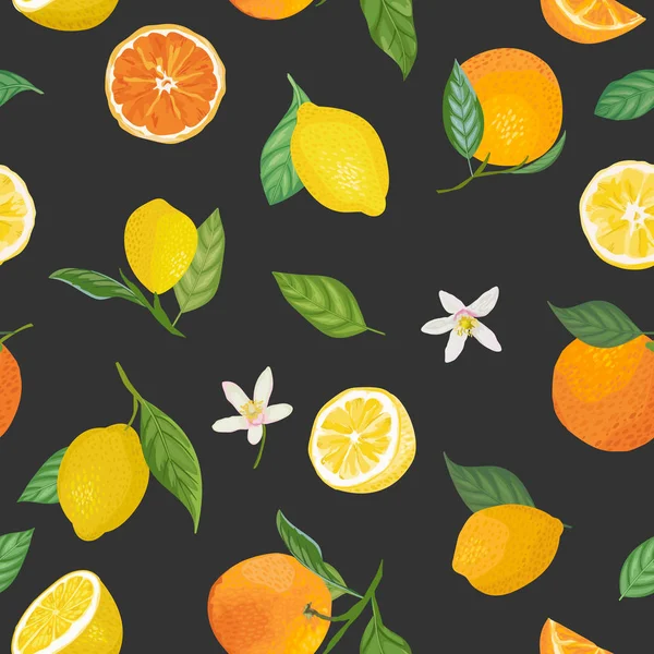 Motivo senza cuciture limone e arancio con frutti tropicali, foglie, sfondo fiori. Illustrazione vettoriale disegnata a mano in stile acquerello per la copertina romantica estiva, carta da parati tropicale, texture vintage — Vettoriale Stock