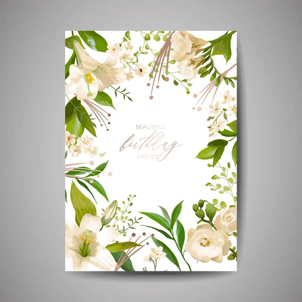 誕生日グリーティングカード、花、緑の花の葉、ベクトルでポスターお祝いパーティーデザインイラストと招待やお祝いテンプレート — ストックベクタ