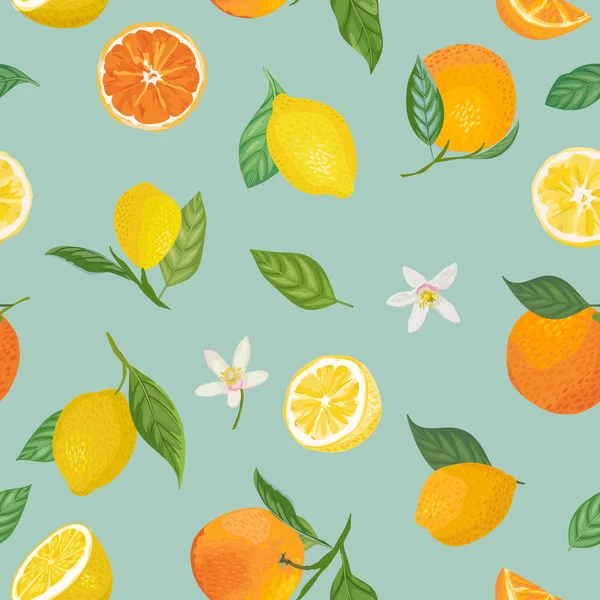 Varratmentes citrom és narancs mintás trópusi gyümölcsök, levelek, virágok háttérben. Kézzel rajzolt vektor illusztráció akvarell stílus nyári romantikus terjed, trópusi tapéta, Vintage textúra — Stock Vector