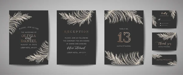 Pampas Grass Vintage Wedding Save the Date, Invitation Floral Cards Collection with Gold Foil Frame. Vector trendy cover, graphic poster, retro brochure, design template — Stock Vector