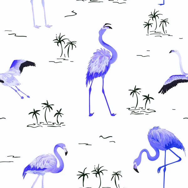 Flamingo tropical padrão de verão vetor sem costura com palmeiras tropicais. Fundo pássaro para papéis de parede, página da web, textura, têxtil . —  Vetores de Stock