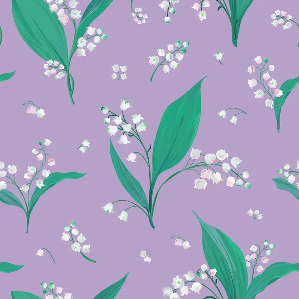 Patrón sin costura con lirio del valle y flores de la gota de nieve, estampado textil floral botánico, ilustración del diseño de la cubierta en Vector — Vector de stock