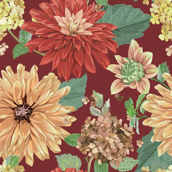 Varrat nélküli mintát piros őszirózsák virágokkal. Virágos háttér, a szövet-textil-, tapéta, csomagolás. Akvarell virág Design. Vektoros illusztráció — Stock Vector