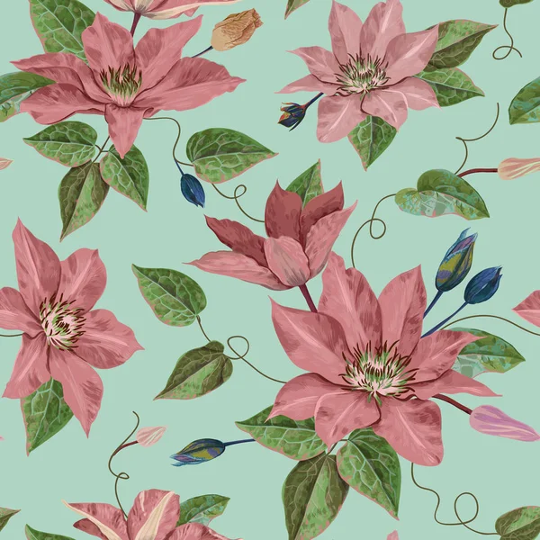 Aquarelle Clematis Fleurs. Modèle tropical floral sans couture pour papier peint, impression, tissu, textile. Fond d'été avec des fleurs pourpres en fleurs. Illustration vectorielle — Image vectorielle