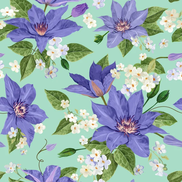 Watercolor Clematis Flowers. Floral Tropical Seamless Pattern for Wallpaper, Print, Fabric, Textile. Summer Background with Blooming Purple Flowers. Vector illustration — Stock Vector