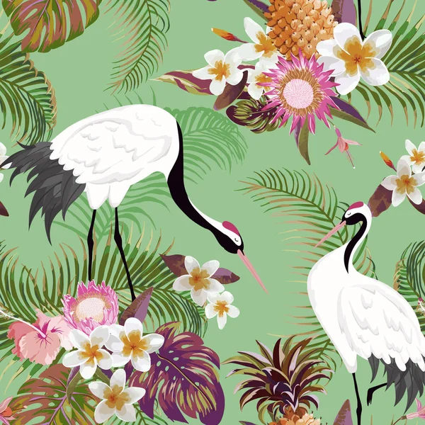 Padrão sem costura com guindastes japoneses e flores tropicais, fundo floral retro, impressão de moda, aniversário conjunto de decoração japonesa. Ilustração vetorial —  Vetores de Stock