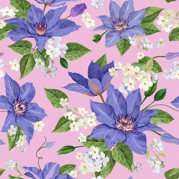 水彩铁线莲花。花卉热带无缝图案墙纸, 印刷, 织物, 纺织品。夏季的背景与盛开的紫色花朵。矢量插图 — 图库矢量图片