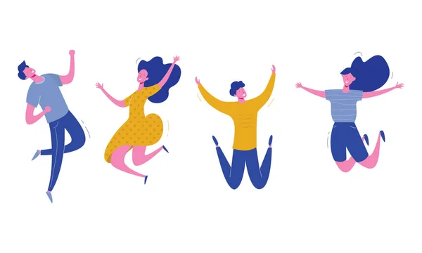 Набор молодых людей прыгают на белом фоне. Стильная современная векторная иллюстрация с счастливыми мужскими и женскими персонажами, подростками, студентами. Концепция команды вечеринки, спорта, танцев и дружбы — стоковый вектор