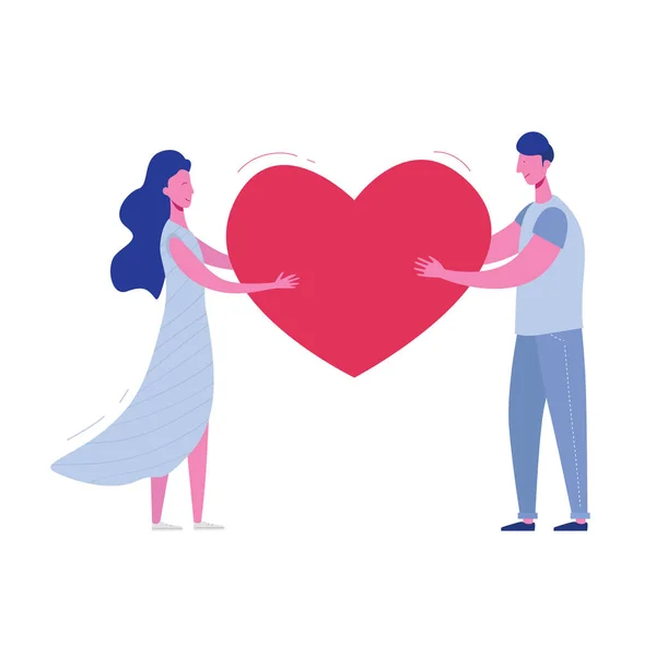 Novio y novia sosteniendo el corazón. Tarjeta de San Valentín de los amantes, hombre y mujer. Linda pareja romántica joven en amor abrazos. Ilustración vectorial en estilo plano de dibujos animados — Archivo Imágenes Vectoriales