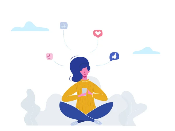 Vector concept vrouw karakter chatten op de telefoon in sociale media, netwerk bubbels. Illustratie ontwerp voor webbanner, marketingmateriaal, zakelijke presentatie, online adverteren — Stockvector