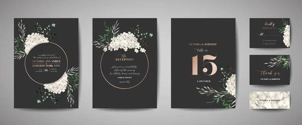 Conjunto de invitación a la boda, invitación floral, gracias, rsvp diseño de tarjeta rústica con decoración de lámina de oro. Vector elegante plantilla moderna, cubierta de moda, póster gráfico, folleto retro, plantilla de diseño — Vector de stock