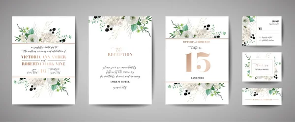 結婚式の招待状、花の招待、ありがとう、金箔の装飾とrsvp素朴なカードデザインのセット。ベクトルエレガントなモダンテンプレート、トレンディなカバー、グラフィックポスター、レトロなパンフレット、デザインテンプレート — ストックベクタ