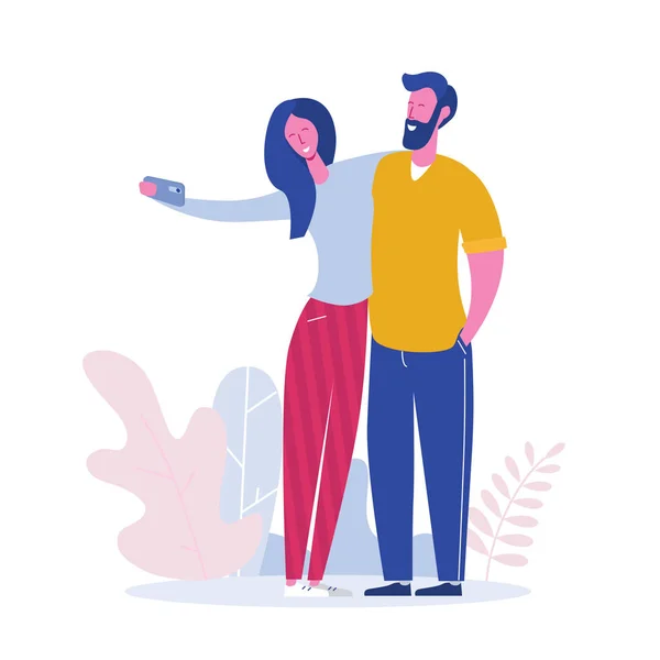 Ekranda ekranda gösteren mutlu erkek ve kadın ile el tutan cep telefonu. Selfie için poz veren arkadaşlar, bir grup neşeli insan kendilerini fotoğraflıyor. Düz çizgi film karakterleri vektör illüstrasyon — Stok Vektör