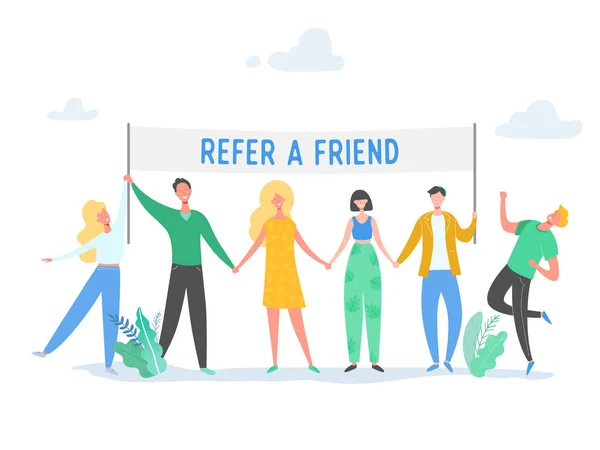 Refer a friend concept with banner and business character people holding sign, smiling man and woman illustration. Friendship, leadership, business team, social diversity concept in vector — Stock Vector