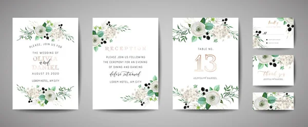 Set van bruiloft uitnodiging, Floral uitnodigen, dank u, RSVP rustieke kaart ontwerp met goud folie decoratie. Vector elegante moderne sjabloon, trendy cover, grafische poster, retro brochure, ontwerpsjabloon — Stockvector