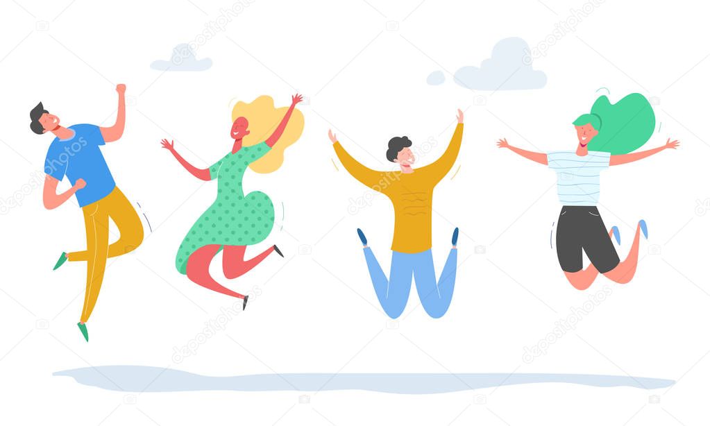 Set of young people jumping on white background. Stylish modern vector illustration with happy male and female characters, teenagers, students. Party, sport, dance and friendship team concept