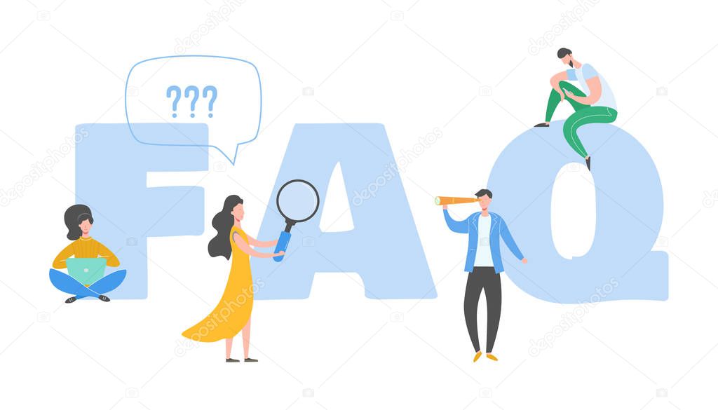 Frequently asked questions concept. Question answer metaphor. Vector illustration background. Flat cartoon character people graphic design. Landing page template, banner, flyer, poster, web page