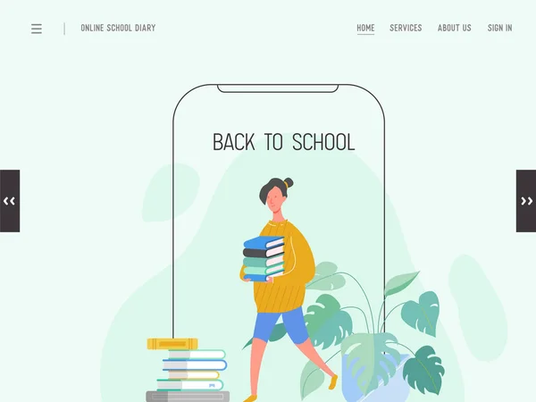 Modelo de landing page de De volta à escola. Conceito de educação de design plano moderno de design de página web para site ou celular. Menina da escola, estudante na universidade, faculdade. Ilustração vetorial — Vetor de Stock