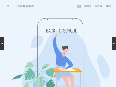 Açılış sayfası şablonu geri okula. Web sitesi veya mobil internet sayfası tasarım modern düz tasarım eğitim kavramı. Okul kızı, üniversitede öğrenci, üniversite. Vektör Illustration