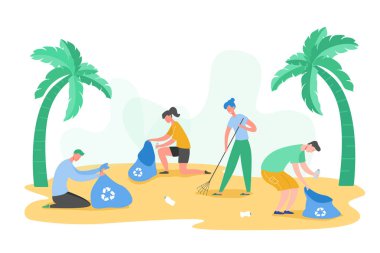 Geri dönüşüm, çevre koruma ve ayırma için çöp ve plastik atık toplama gönüllü insanlar karakter kümesi çevre kirliliği kavramı vektör çizimler azaltmak için