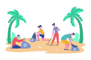 Geri dönüşüm, çevre koruma ve ayırma için çöp ve plastik atık toplama gönüllü insanlar karakter kümesi çevre kirliliği kavramı vektör çizimler azaltmak için
