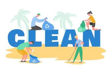 Geri dönüşüm, çevre koruma ve ayırma için çöp ve plastik atık toplama gönüllü insanlar karakter kümesi çevre kirliliği kavramı vektör çizimler azaltmak için