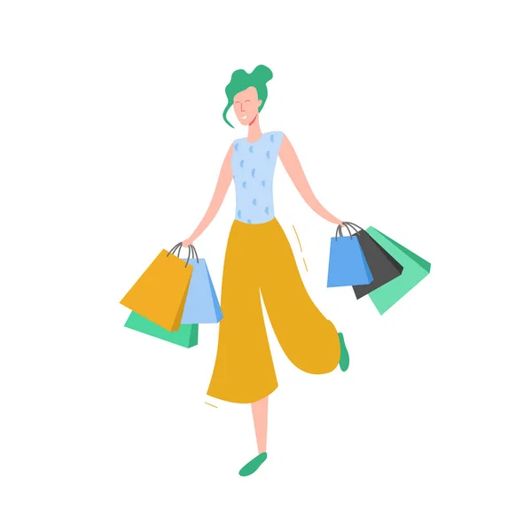 Mulher com Sacos de Compras e Presentes. Personagens Pessoa, Grande venda, Desconto e Publicidade Banner, promo Poster Concept ilustração no vetor — Vetor de Stock