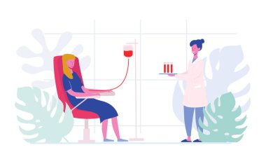 Gönüllüler kadın karakterleri tıbbi hastane sandalyeler oturan kan bağış. Doktor kadın hemşire test tüp, bağış, dünya kan donör gün, sağlık almak. Karikatür daire vektör Illüstrasyon