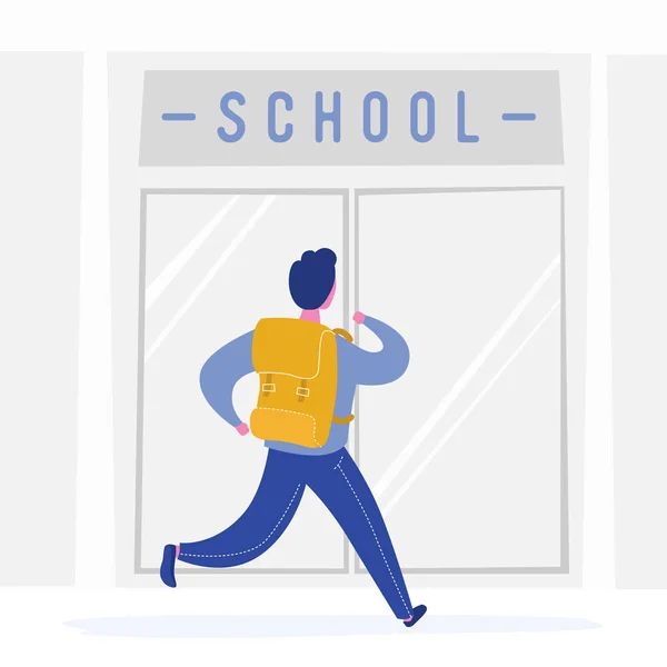 Школьный мальчик бегает с рюкзаком в школу, ребенка или студента собирается в образование, колледж или университет. Наука и образовательная концепция. Векторная иллюстрация — стоковый вектор