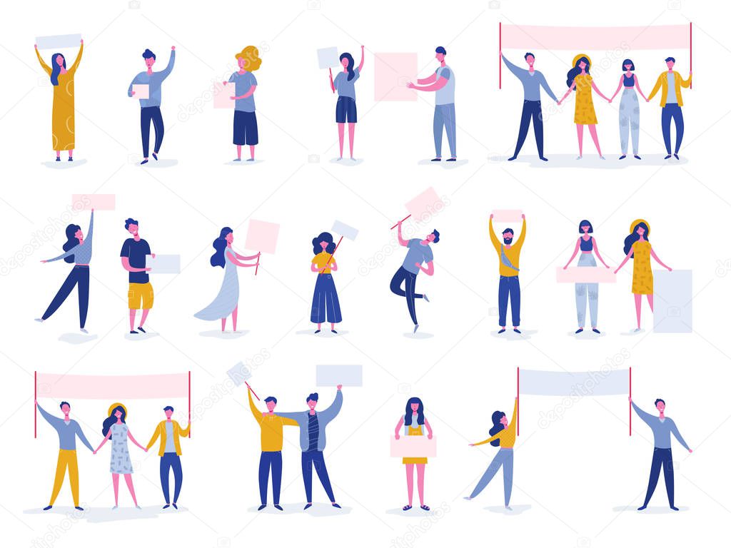 Crowd of protesting people holding banners and placards. Men and women characters on political meeting, parade or rally. Group of male and female protesters or activists. Vector illustration