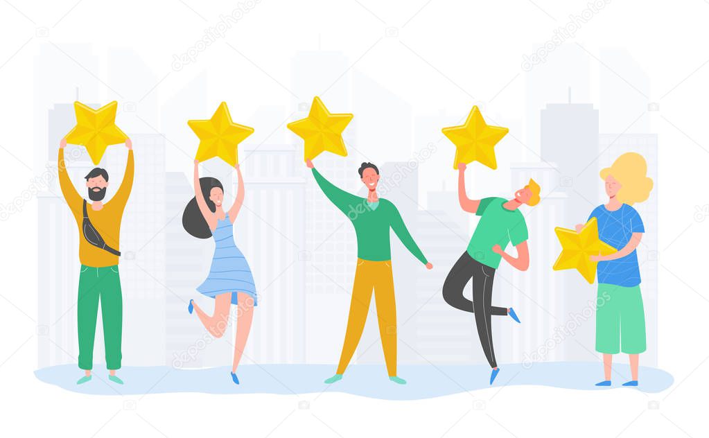 People characters holding gold stars. Men and women rate services and user experience. Juries rating in the competition. Four stars positive review or good feedback. Vector cartoon illustration